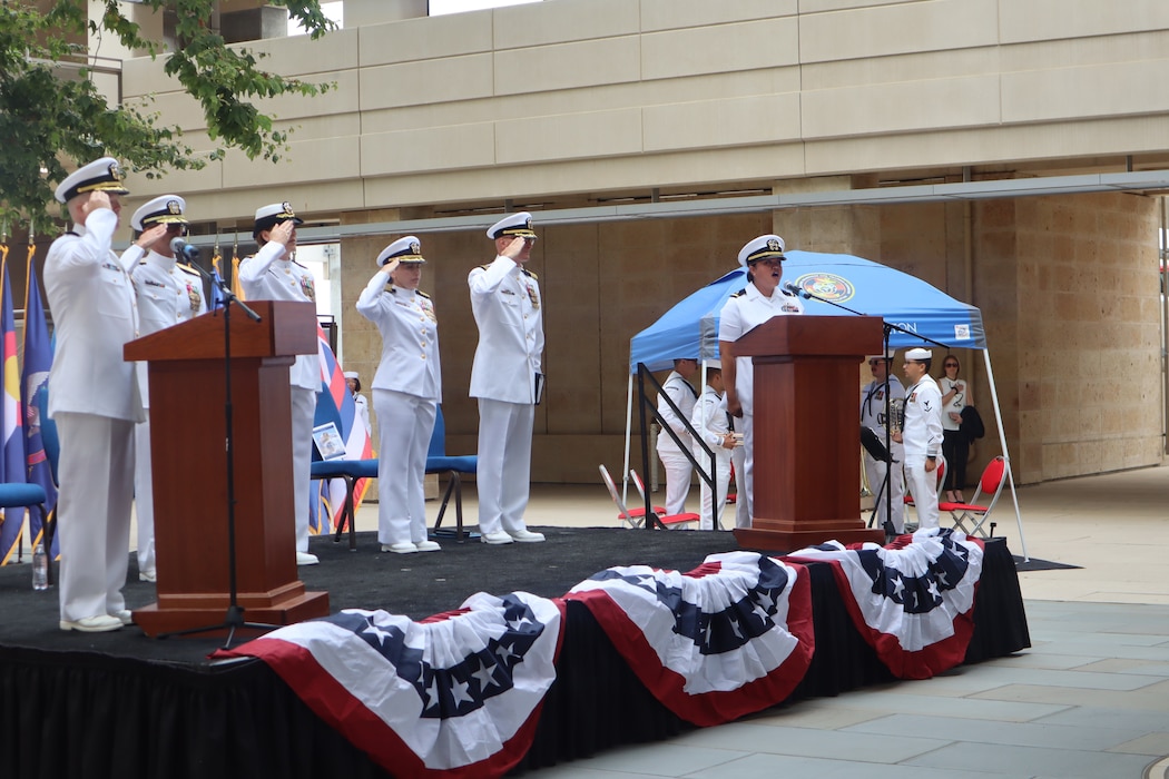 Ensign Grace Joan Reveles sings the National Anthem during the Navy Medicine Readiness and Training Command Camp Pendleton change of command ceremony held July 11, 2025, in the Medal of Honor Promenade of Naval Hospital Camp Pendleton. During the ceremony, Capt. Jenny Burkett was relieved by Capt. Virginia Damin as the commander of NMRTC Camp Pendleton and director of NHCP. For 250 years, Navy Medicine – represented by more than 44,000 highly-trained military and civilian healthcare professionals – has delivered quality healthcare and enduring expeditionary medical support to the warfighter on, below, and above the sea, and ashore.