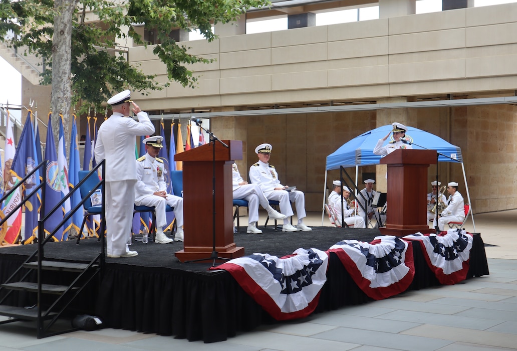 Navy Medicine Readiness and Training Command Camp Pendleton Commander Capt. Virginia Damin (right) returns the salute from Capt. Michael Barry, NMRTC executive officer, during the NMTC Camp Pendleton change of command ceremony held July 11, 2025, in the Medal of Honor Promenade of Naval Hospital Camp Pendleton. During the ceremony, Damin relieved Capt. Jenny Burkett as the NMRTC commander and director of NHCP. For 250 years, Navy Medicine – represented by more than 44,000 highly-trained military and civilian healthcare professionals – has delivered quality healthcare and enduring expeditionary medical support to the warfighter on, below, and above the sea, and ashore.