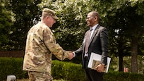 U.S. Army Maj. Gen. Todd Hunt, the Adjutant General of North Carolina and His Excellency Mpho Churchill O. Mophuting, the Republic of Botswana’s Ambassador to the United States, greet each other during an official state visit to the Joint Force Headquarters in Raleigh, North Carolina, May 22, 2025.