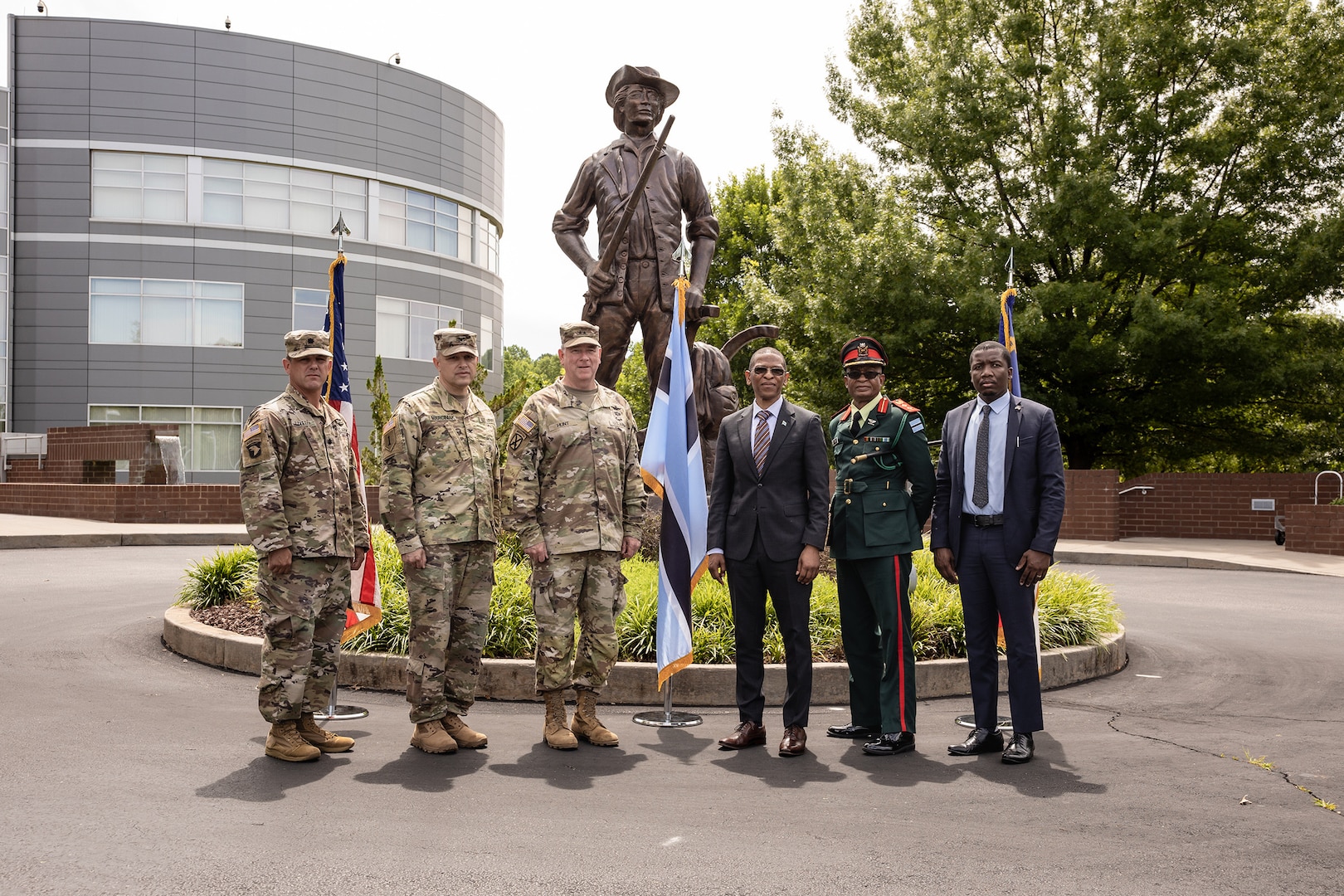 U.S. Army Maj. Gen. Todd Hunt, the Adjutant General of North Carolina, His Excellency Mpho Churchill O. Mophuting the Republic of Botswana’s Ambassador to the United States, members from the North Carolina National Guard and Botswana, pose during an official state visit to the Joint Force Headquarters in Raleigh, North Carolina, May 22, 2025.