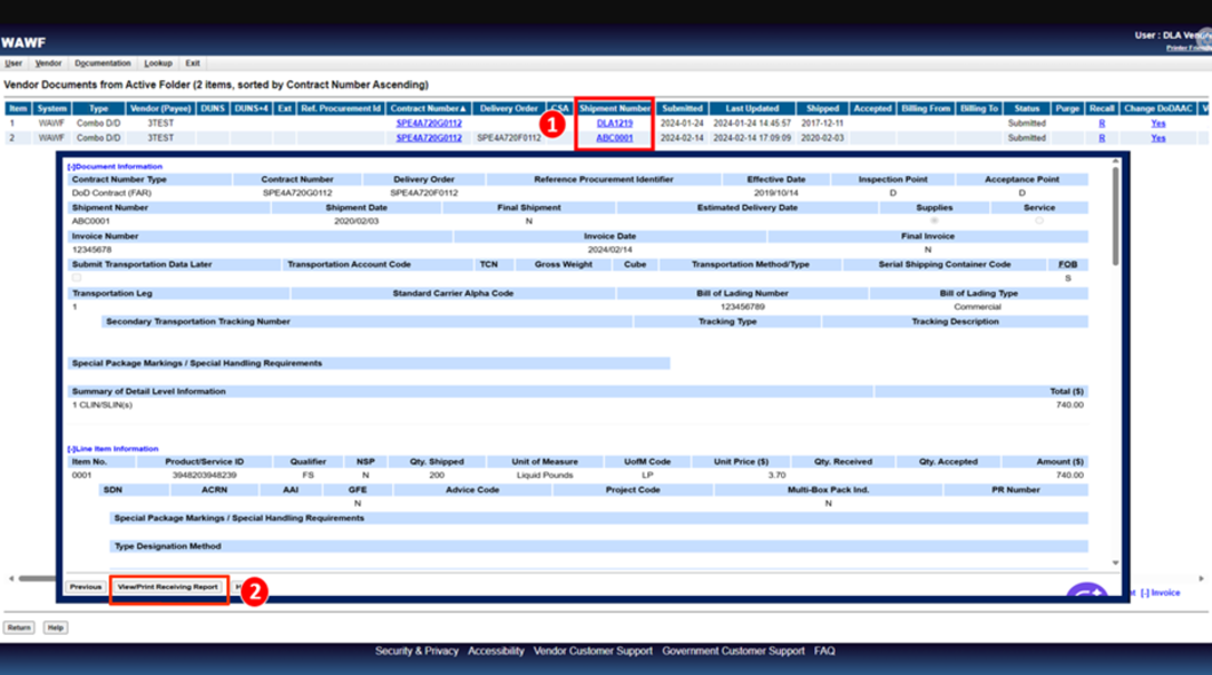 When on the Vendor Documents from Active Folder screen select the linked document(s) from the Shipment Number heading and then select the View/Print Receiving Report.