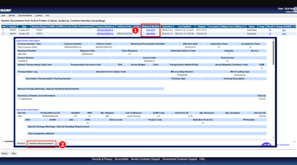 When on the Vendor Documents from Active Folder screen select the linked document(s) from the Shipment Number heading and then select the View/Print Receiving Report.