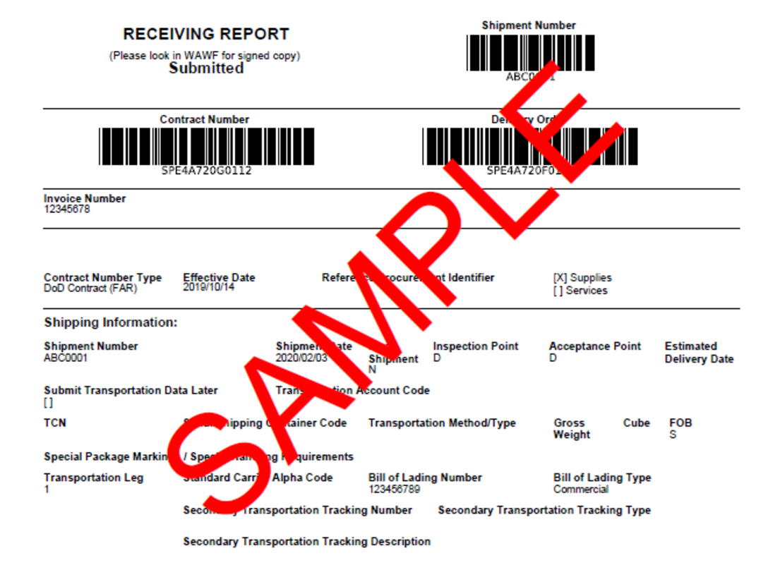 Example of a DD250 Receiving Report
