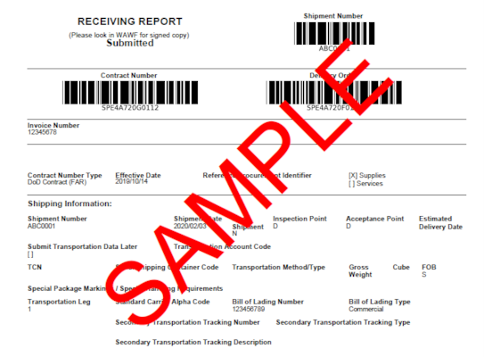 Example of a DD250 Receiving Report