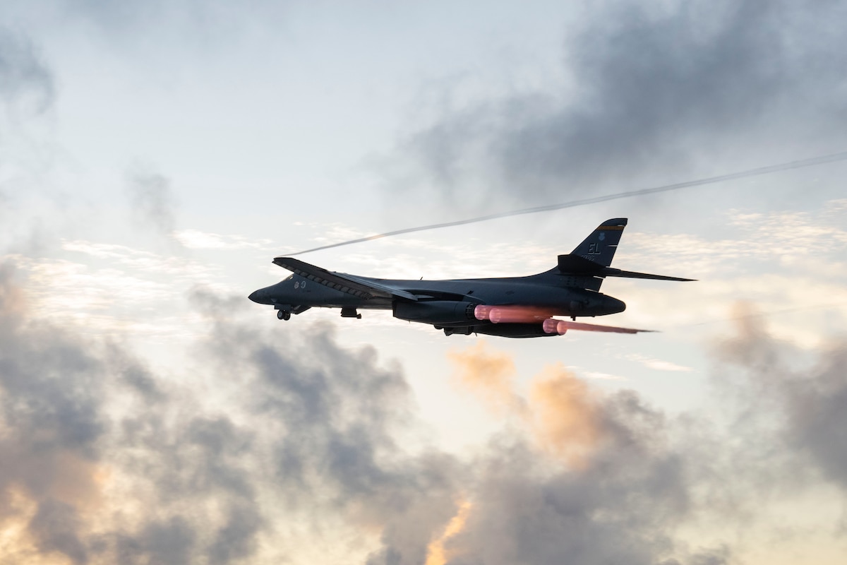 A U.S. Air Force B-1B Lancer assigned to the 34th Expeditionary Bomb Squadron, Ellsworth Air Force, S.D., takes off for a training mission in support of Bomber Task Force 25-1 at Andersen Air Force Base, Guam, Mar. 6, 2025. The United States is committed to upholding the safety, security, and freedom of the Indo-Pacific that respects every nation and ensures the peaceful resolution of disputes free from coercion. (U.S. Air Force photo by Senior Airman Brittany Kenney)