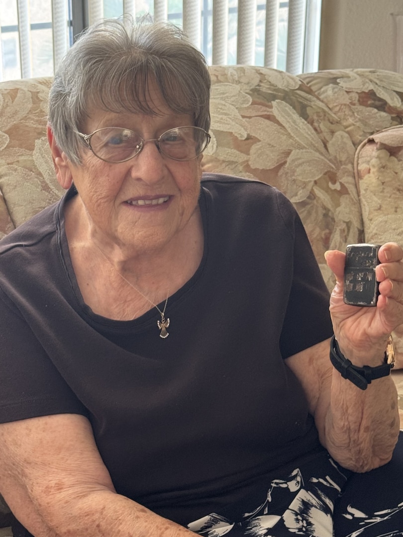 95-year-old Virginia Zoller holds a lighter that belonged to her brother Army Air Corps Staff Sgt. Michael Musashe. Musashe went missing after the aircraft he was on was shot down near the island of Falster after a bombing raid in April 1944. The lighter was recently reunited with the family after 81 years. One of Musashe’s last acts was to shoot down a twin-engine German Messerschmitt 210 aircraft that was attacking the B-17 Flying Fortress where he was the tail gunner. (Courtesy Photo)