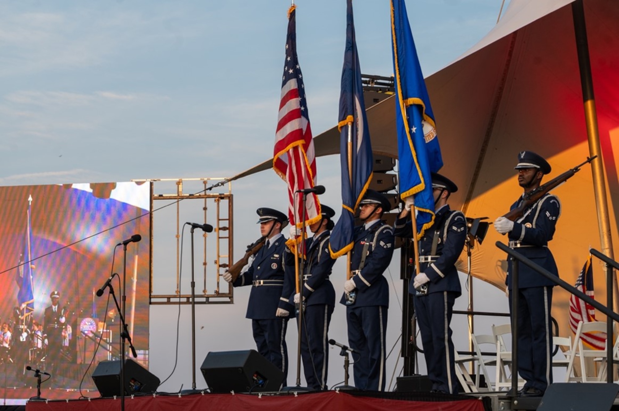 Airmen present the colors on stage. (U.S. Air Force photo by Airman 1st Class Donnell Ramsey)