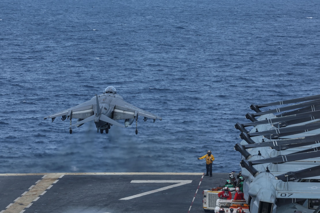 An AV-8B Harrier, assigned to the “Bulldogs” of Marine Attack Squadron (VMA) 223, takes off from the flight deck during flight operations aboard the Wasp-class amphibious assault ship USS Iwo Jima (LHD 7).