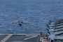An AV-8B Harrier, assigned to the “Bulldogs” of Marine Attack Squadron (VMA) 223, takes off from the flight deck during flight operations aboard the Wasp-class amphibious assault ship USS Iwo Jima (LHD 7).