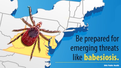 Image of tick over map with Virginia, West Virginia, and Maryland highlighted. Text reads: "Be prepared for emerging threats like babesiosis."