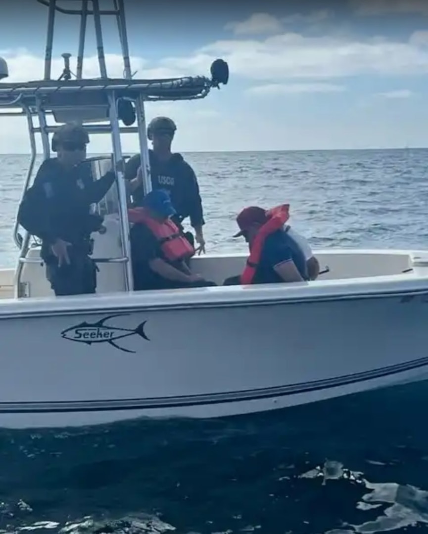 SAN DIEGO - A San Francisco based MSST boarding team interdicts a 20-foot smuggling vessel with three aliens aboard approximately 6 miles off Imperial Beach, California July 12, 2025. The vessel initially stopped but attempted to flee; Coast Guard crews used warning and pepper ball rounds to gain compliance and safely take control. U.S. Coast Guard photo.