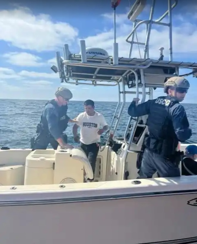 SAN DIEGO - A San Francisco based MSST boarding team interdicts a 20-foot smuggling vessel with three aliens aboard approximately 6 miles off Imperial Beach, California July 12, 2025. The vessel initially stopped but attempted to flee; Coast Guard crews used warning and pepper ball rounds to gain compliance and safely take control. U.S. Coast Guard photo.
