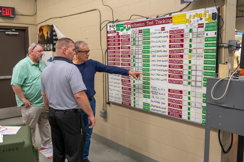 Photo of people reviewing visual management boards in Tobyhanna's mission work areas
