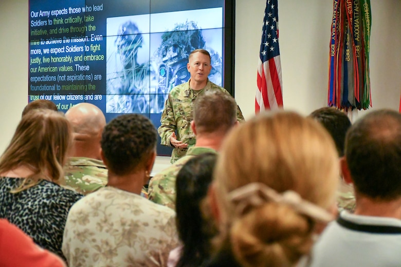 U.S. Army Maj. Gen. David C. Hill, Commandant of the U.S. Army War College and former U.S. Army Corps of Engineers Transatlantic Division commander, speaks at a special commemorative event at the Transatlantic Division headquarters in Winchester, Va, June 11.