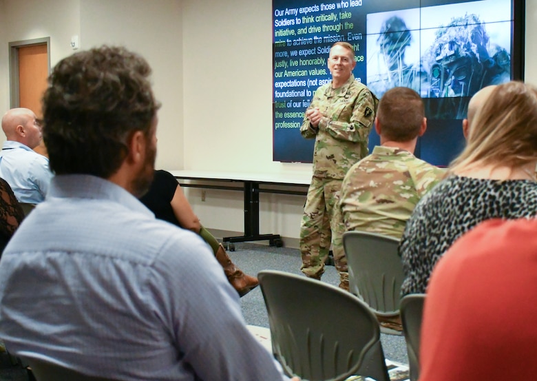 Danny Rivera, U.S. Army Corps of Engineers Transatlantic Division program manager, asks U.S. Army Maj. Gen. David C. Hill, Commandant of the U.S. Army War College and former Transatlantic Division commander, a question at a special commemorative event on June 11 at the division headquarters in Winchester, Va.