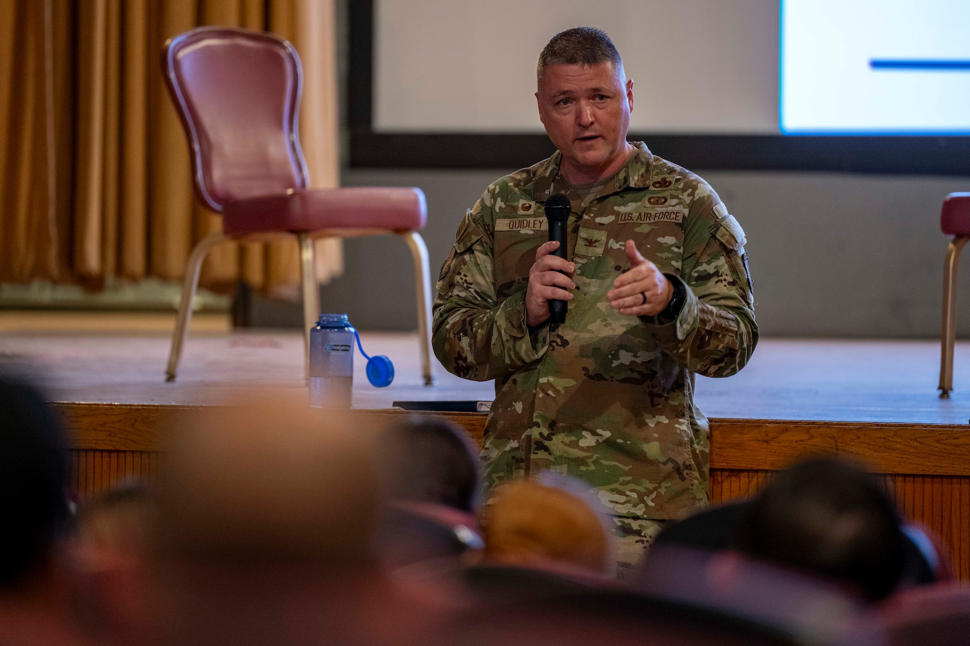 U.S. Air Force Col. Eric Quidley, 49th Mission Support Group Commander, speaks to Airmen during the Warfighter’s Edge Logistics Symposium at Holloman Air Force Base, New Mexico, July 9, 2025.
