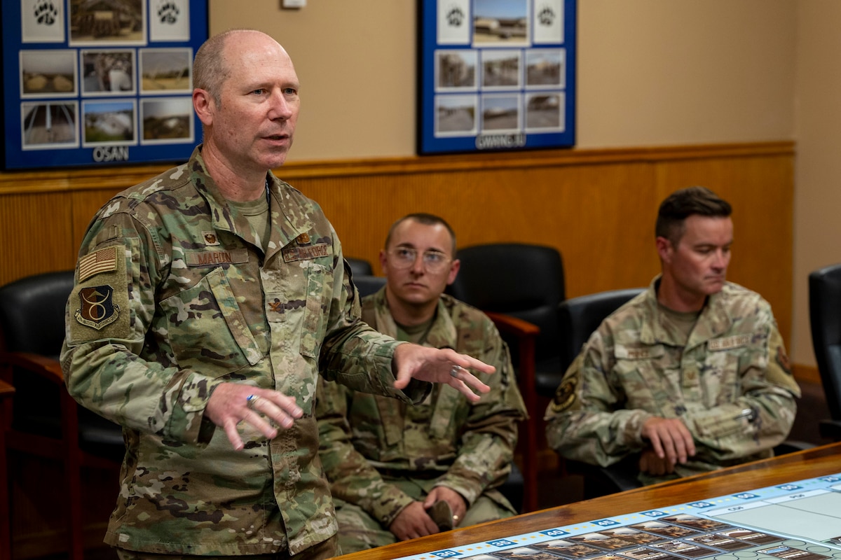 U.S. Air Force Col. Brandon Maroon, 635th Materiel Maintenance Group commander, explains the rules of the Basic Expeditionary Airfield Resources Base’s wargames at Holloman Air Force Base, New Mexico, July 8, 2025.