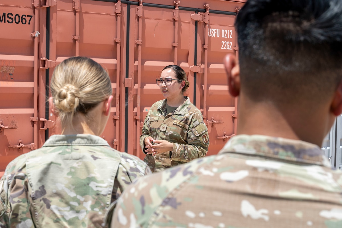 U.S. Air Force Tech. Sgt. Sheila Jaquez, 635th Materiel Maintenance Support Squadron commissioned officer in charge of inventory, speaks to Airmen about the capabilities of the 635th MMSS during the Warfighter’s Edge Logistics Symposium at Holloman Air Force Base, New Mexico, July 8, 2025.