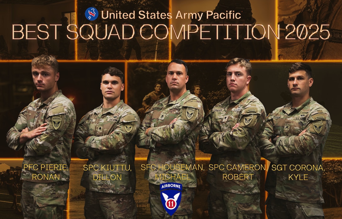 11th Airborne Division's team for the 2025 U.S. Army Pacific Best Squad Competition, July 13, 2025. The BSC is a competition held every year to select USARPAC's best squad.
