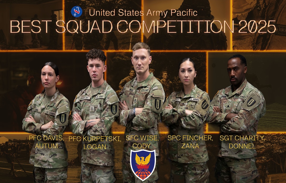311th Signal Command's team for the 2025 U.S. Army Pacific Best Squad Competition, July 13, 2025. The BSC is a competition held every year to select Eighth Army's best squad.