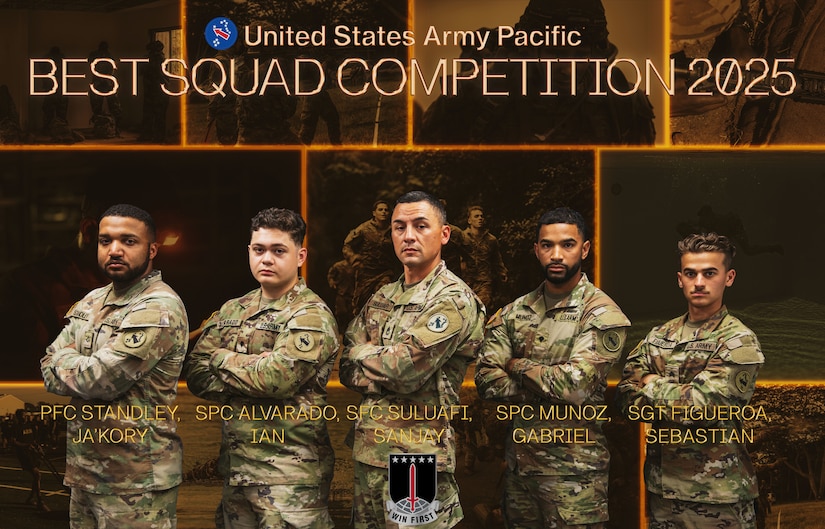 1st Multi-Domain Task Force's team for the 2025 U.S. Army Pacific Best Squad Competition, July 13, 2025. The BSC is a competition held every year to select USARPAC's best squad.