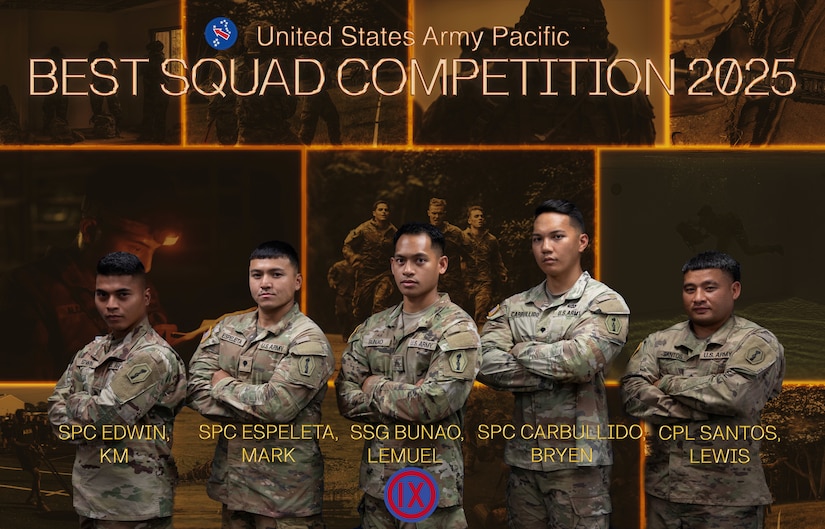 9th Mission Support Command's team for the 2025 U.S. Army Pacific Best Squad Competition, July 13, 2025. The BSC is a competition held every year to select USARPAC's best squad.