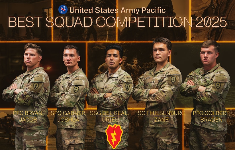 25th Infantry Division's team for the 2025 U.S. Army Pacific Best Squad Competition, July 13, 2025. The BSC is a competition held every year to select USARPAC's best squad.