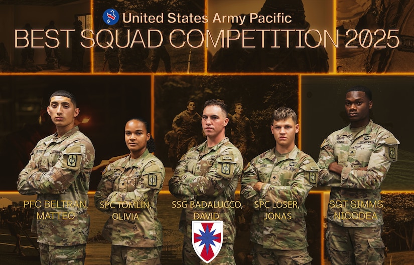 8th Theater Sustainment Command's team for the 2025 U.S. Army Pacific Best Squad Competition, July 13, 2025. The BSC is a competition held every year to select USARPAC's best squad.