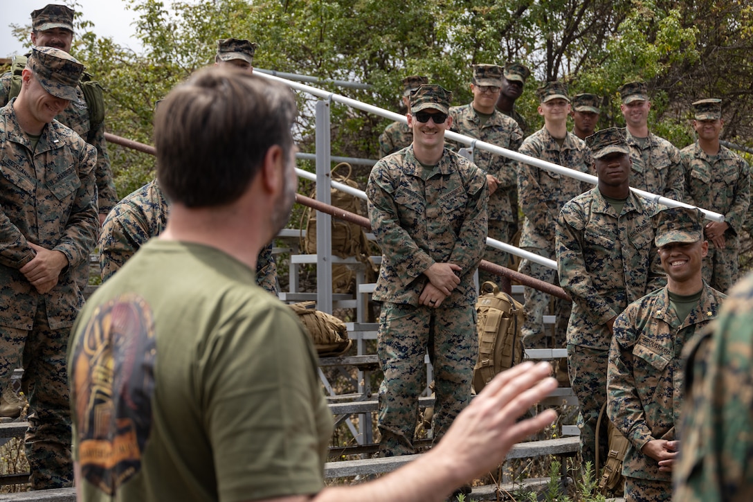 The Vice President of the United States, the Honorable JD Vance, speaks to U.S. Marines with Headquarters and Support Battalion, Marine Corps Base Camp Pendleton, before a hike at MCB Camp Pendleton, California, July 11, 2025. Vance, a former Marine, led the hike to reinforce the values of camaraderie and unit cohesion. A fundamental element in Marine training, hiking builds both physical endurance and mental resilience in preparation for future battles. (U.S. Marine Corps photo by Lance Cpl. Jonathan Sherchand)