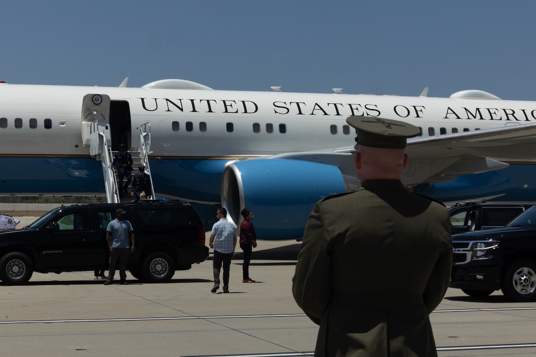 U.S. Marine Corps Brig. Gen. Michael R. Nakonieczny, the deputy commanding general of I Marine Expeditionary Force, waits to greet the Vice President of the United States, the honorable JD Vance, and the Second Lady of the United States, Usha Vance, at Marine Corps Base Camp Pendleton, California, July 11, 2025. The Vances arrived at MCB Camp Pendleton to show support for military families and emphasize the importance of wellness, education, and community engagement. (U.S. Marine Corps photo by Cpl. Noah Martinez)