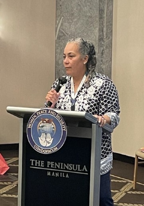 USINDOPACOM’s Women, Peace and Security Program Integrator, Amalia Hilliard, emphasized the urgency of integrating gender analysis into cyber policy and strategy during her opening remarks on November 15-16, 2023, at the Peninsula Manila, Makati City, Philippines.
