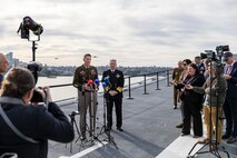 Lieutenant General Joel Vowell, Deputy Commanding General for U.S. Army Pacific (USARPAC) and Australian Defence Force Chief of Joint Operations, Vice Admiral Justin Jones, AO, CSC, RAN address the media at the opening ceremony for Exercise Talisman Sabre 25 onboard HMAS Adelaide in Sydney, New South Wales.