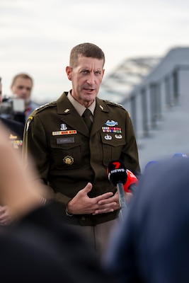 Lieutenant General Joel Vowell, Deputy Commanding General for U.S. Army Pacific (USARPAC) addresses media at the opening ceremony for Exercise Talisman Sabre 25 onboard HMAS Adelaide in Sydney, New South Wales.