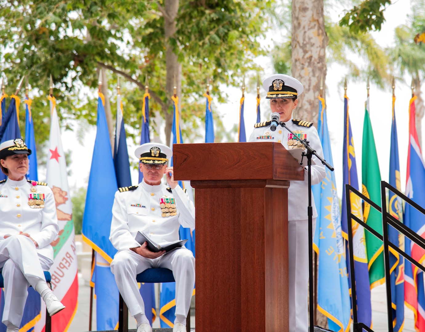 Navy Medicine Readiness and Training Command Camp Pendleton Commander Capt. Virginia Damin provides remarks during the NMTC Camp Pendleton change of command ceremony held July 11, 2025, in the Medal of Honor Promenade of Naval Hospital Camp Pendleton. During the ceremony, Damin relieved Capt. Jenny Burkett as the NMRTC commander and director of NHCP. For 250 years, Navy Medicine – represented by more than 44,000 highly-trained military and civilian healthcare professionals – has delivered quality healthcare and enduring expeditionary medical support to the warfighter on, below, and above the sea, and ashore.