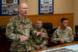 U.S. Air Force Col. Brandon Maroon, 635th Materiel Maintenance Group commander, explains the rules of the Basic Expeditionary Airfield Resources Base’s wargames at Holloman Air Force Base, New Mexico, July 8, 2025.
