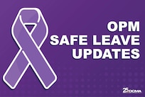 Graphic with purple background and sexual assault ribbon with text" OPM Safe Leave Updates"