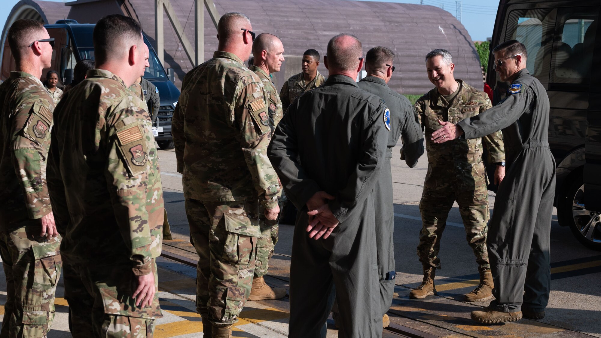 U.S. Air Force Gen. Dan Caine, Chairman of the Joint Chiefs of Staff, greets Col. Kevin Walsh, 51st Fighter Wing deputy commander, at Osan Air Base, Republic of Korea, July 11, 2025. Osan served as the final stop during the Chairman’s visit to Korea in support of the annual Trilateral Chiefs of Defense meeting. (U.S. Air Force photo by Senior Airman Rome Bowermaster)
