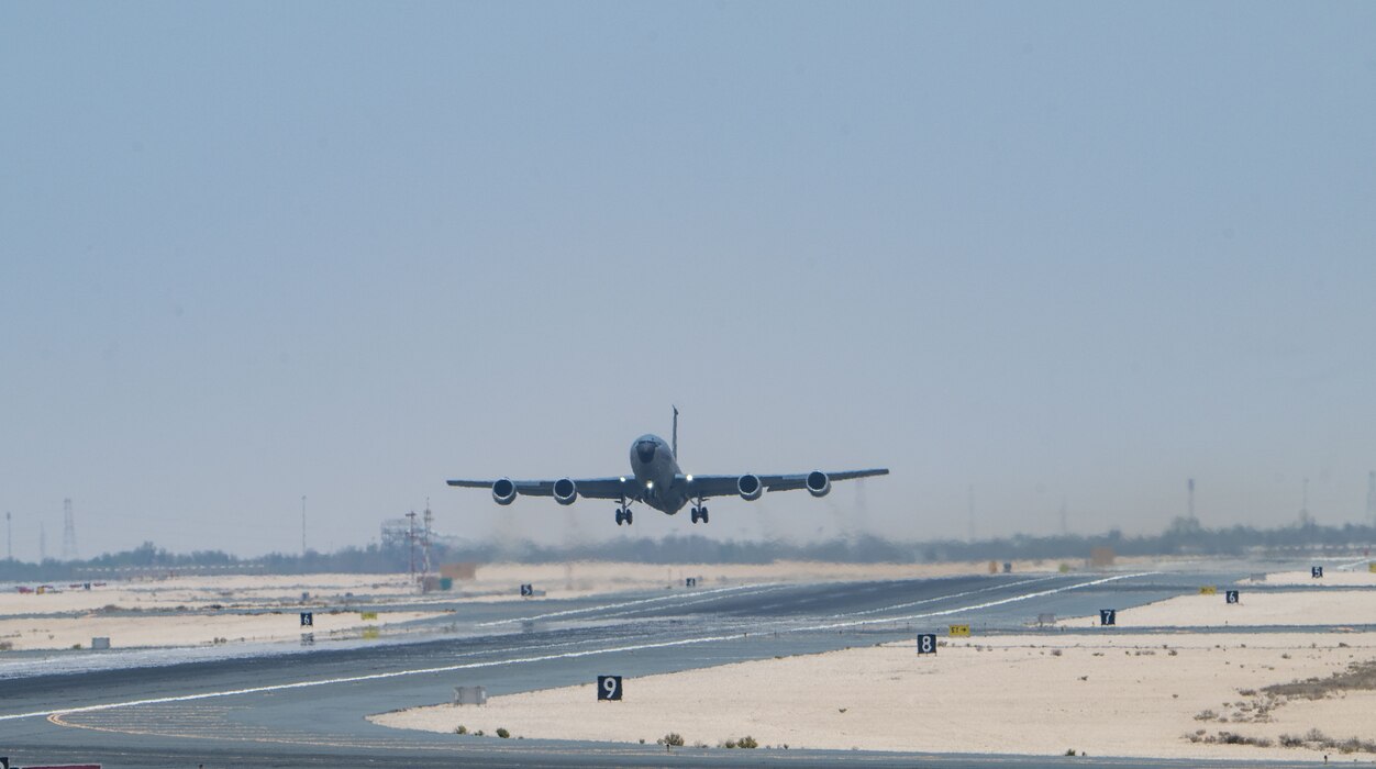 A KC-135 Stratotanker takes off within the U.S. Central Command area of responsibility, June 12, 2025. For over 60 years, the KC-135 has provided the core aerial refueling capabilities for the United States Air Force while also supporting Navy, Marine Corps and allied nations' aircraft. (U.S. Air Force photo by Senior Airman Amanda Jett)