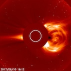 An image from the U.S. Naval Research Laboratory’s (NRL) Large Angle and Spectrometric Coronagraph Experiment (LASCO) C2 coronagraph observing a fast coronal mass ejection, as mentioned in the study, on September 10, 2017. The Sun is at the center of the image, hidden by a solid disk that blocks blinding sunlight and enables observations of the much fainter solar corona.