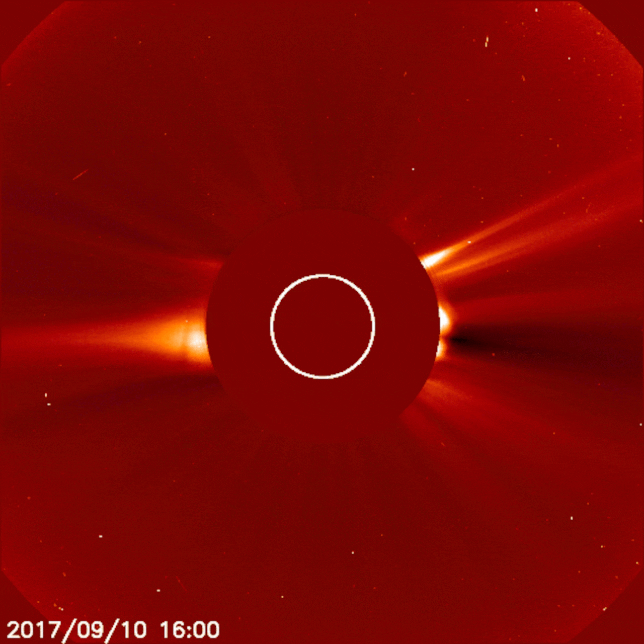 An image sequence from the U.S. Naval Research Laboratory’s (NRL) Large Angle and Spectrometric Coronagraph Experiment (LASCO) C2 coronagraph observing a fast coronal mass ejection, as mentioned in the study, on September 10, 2017. The Sun is at the center of the visual, hidden by a solid disk that blocks blinding sunlight and enables observations of the much fainter solar corona.