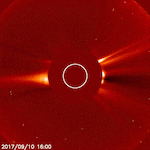 An image sequence from the U.S. Naval Research Laboratory’s (NRL) Large Angle and Spectrometric Coronagraph Experiment (LASCO) C2 coronagraph observing a fast coronal mass ejection, as mentioned in the study, on September 10, 2017. The Sun is at the center of the visual, hidden by a solid disk that blocks blinding sunlight and enables observations of the much fainter solar corona.