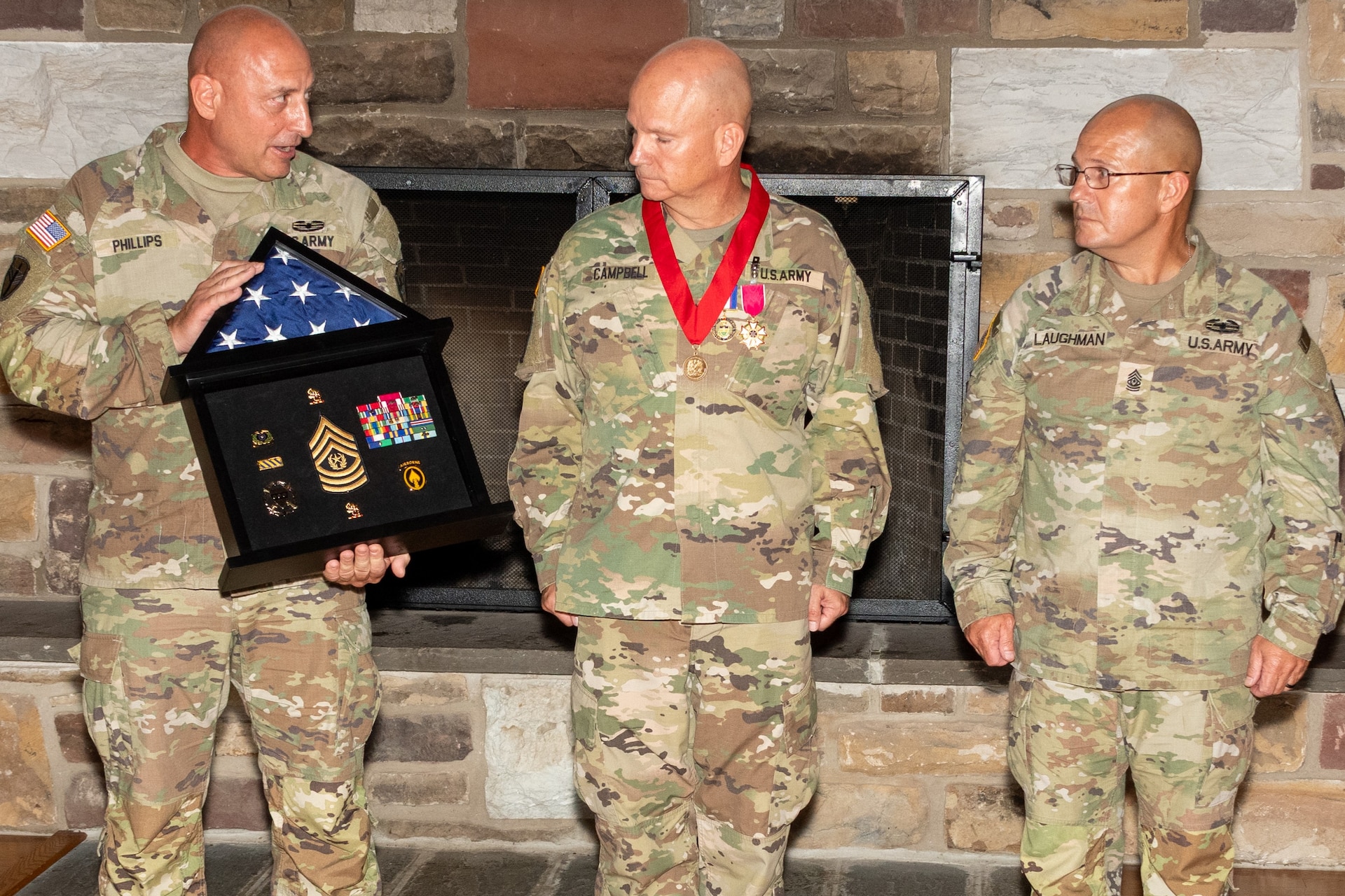 Command Sgt. Maj. Andrew Campbell, who most recently served as the Pennsylvania Army National Guard command sergeant major, is honored during a retirement ceremony conducted June 12 at Fort Indiantown Gap’s Keystone Conference Center. Campbell, who retired after 33 years of service, enlisted into the active-duty Army in 1992. He began his position as the Pennsylvania Army National Guard command sergeant major July 1, 2021, in which he was the principal advisor to the deputy adjutant general-Army and staff on matters pertaining to the enlisted Soldiers of the Pennsylvania Army National Guard. (Pennsylvania National Guard photo by Wayne V. Hall)