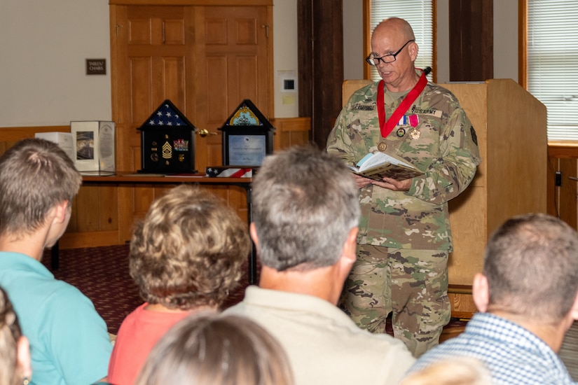 Command Sgt. Maj. Andrew Campbell, who most recently served as the Pennsylvania Army National Guard command sergeant major, is honored during a retirement ceremony conducted June 12 at Fort Indiantown Gap’s Keystone Conference Center. Campbell, who retired after 33 years of service, enlisted into the active-duty Army in 1992. He began his position as the Pennsylvania Army National Guard command sergeant major July 1, 2021, in which he was the principal advisor to the deputy adjutant general-Army and staff on matters pertaining to the enlisted Soldiers of the Pennsylvania Army National Guard. (Pennsylvania National Guard photo by Wayne V. Hall)