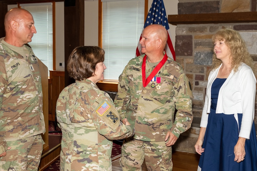 Command Sgt. Maj. Andrew Campbell, who most recently served as the Pennsylvania Army National Guard command sergeant major, is honored during a retirement ceremony conducted June 12 at Fort Indiantown Gap’s Keystone Conference Center. Campbell, who retired after 33 years of service, enlisted into the active-duty Army in 1992. He began his position as the Pennsylvania Army National Guard command sergeant major July 1, 2021, in which he was the principal advisor to the deputy adjutant general-Army and staff on matters pertaining to the enlisted Soldiers of the Pennsylvania Army National Guard. (Pennsylvania National Guard photo by Wayne V. Hall)