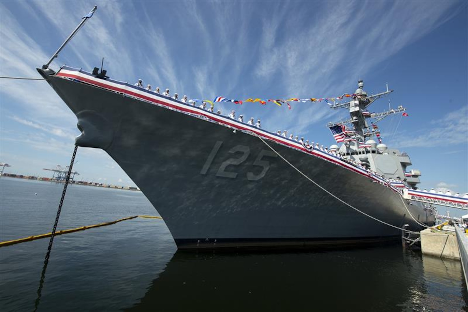 TAMPA, Fla. – The Arleigh Burke-class guided-missile destroyer USS Jack H. Lucas (DDG 125) was commissioned in Tampa, Florida on October 7, 2023. This vessel is the first of its kind to be equipped with the Aegis Weapon System, Baseline 10. At the heart of this system is the AN/SPY-6(V)1, an advanced, automatic detect-and-track, multi-function phased-array radar.  (DoD photo by EJ Hersom)
