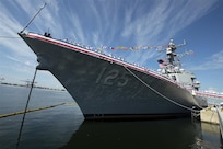 TAMPA, Fla. – The Arleigh Burke-class guided-missile destroyer USS Jack H. Lucas (DDG 125) was commissioned in Tampa, Florida on October 7, 2023. This vessel is the first of its kind to be equipped with the Aegis Weapon System, Baseline 10. At the heart of this system is the AN/SPY-6(V)1, an advanced, automatic detect-and-track, multi-function phased-array radar.  (DoD photo by EJ Hersom)