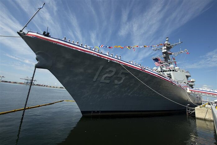 TAMPA, Fla. – The Arleigh Burke-class guided-missile destroyer USS Jack H. Lucas (DDG 125) was commissioned in Tampa, Florida on October 7, 2023. This vessel is the first of its kind to be equipped with the Aegis Weapon System, Baseline 10. At the heart of this system is the AN/SPY-6(V)1, an advanced, automatic detect-and-track, multi-function phased-array radar.  (DoD photo by EJ Hersom)