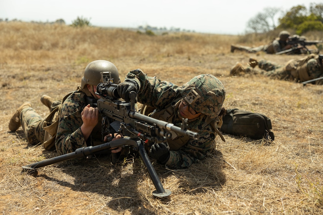 U.S. Marines with 1st Distribution Support Battalion, Combat Logistics Regiment 1, 1st Marine Logistics Group, practice M240B medium machine gun drills during Riptide Fury on Marine Corps Base Camp Pendleton, California, July 10, 2025.