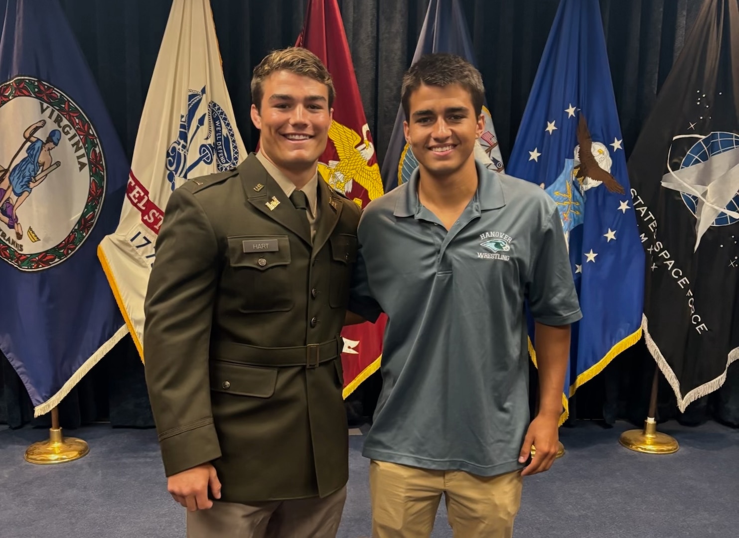 Brothers 2nd Lt. Luke Hart, at left, and Will Hart, post together June 18, 2025, follow Will's enlistment into the Virginia Army National Guard at the Fort Lee Military Entrance Processing Station. Luke commissioned in May and was able to administer the oath of enlistment to his younger brother, who is currently attending The Citadel. (Courtesy Photo)
