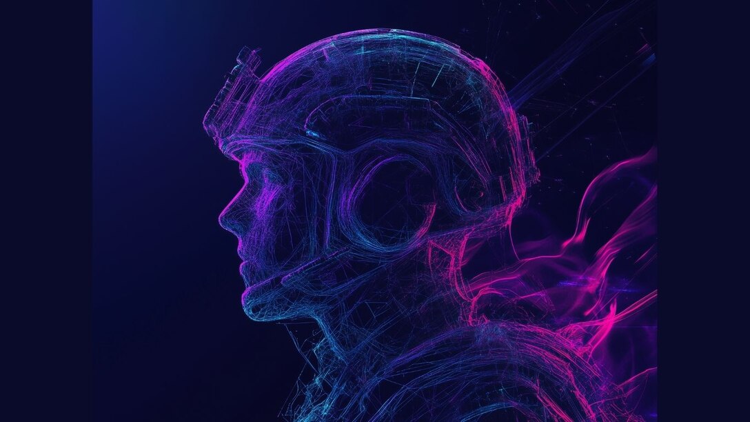 Digital wireframe illustration of a soldier in profile view wearing a helmet and tactical gear, rendered in glowing neon lines of blue and purple against a dark background, evoking a futuristic or cybernetic military concept.